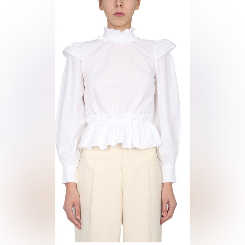 Ganni Victorian Style white Puff Sleeve Cotton Poplin Top. Size 0. NWT.